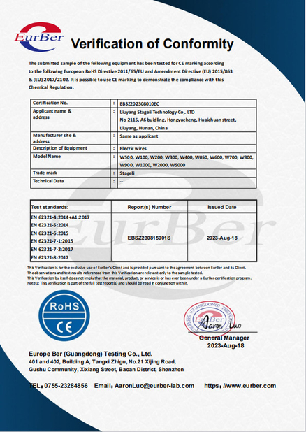 Chine Liuyang Stageli Technology Co., Ltd. certifications